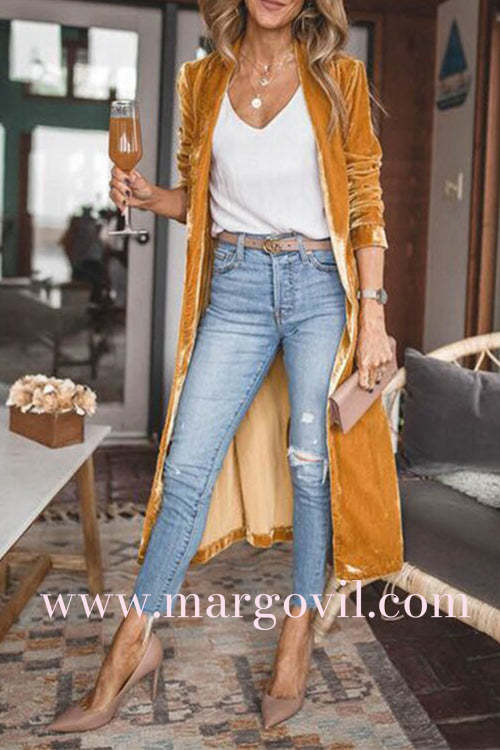 Margovil Stylish Open Front Long Sleeve Velvet Long Coat