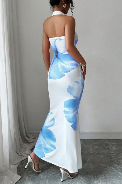 Halter Cutout Bust Large Floral Print Mermaid Maxi Gown