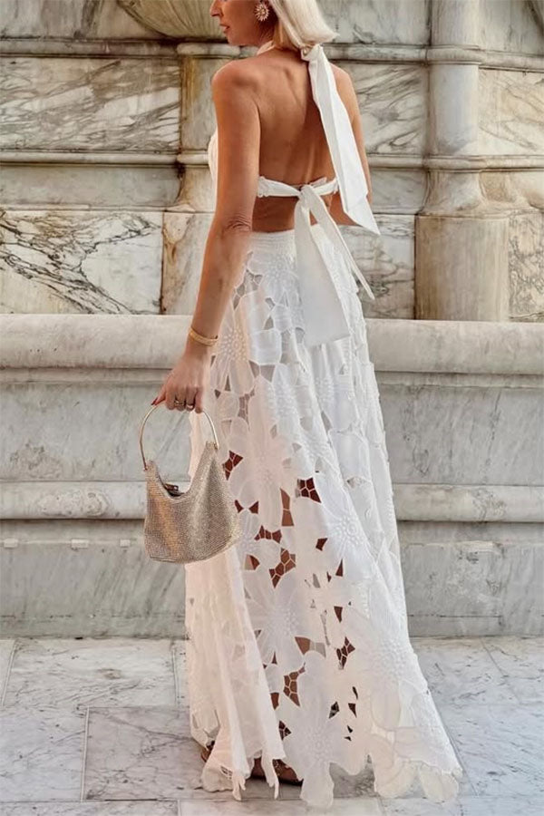Sevilla Sun Embroidery Crochet Flowers Cutout Waist Halter Backless Maxi Dress