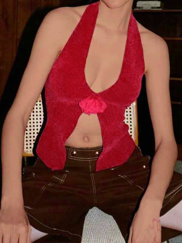 Flower Decor Big Slit Halter Vest