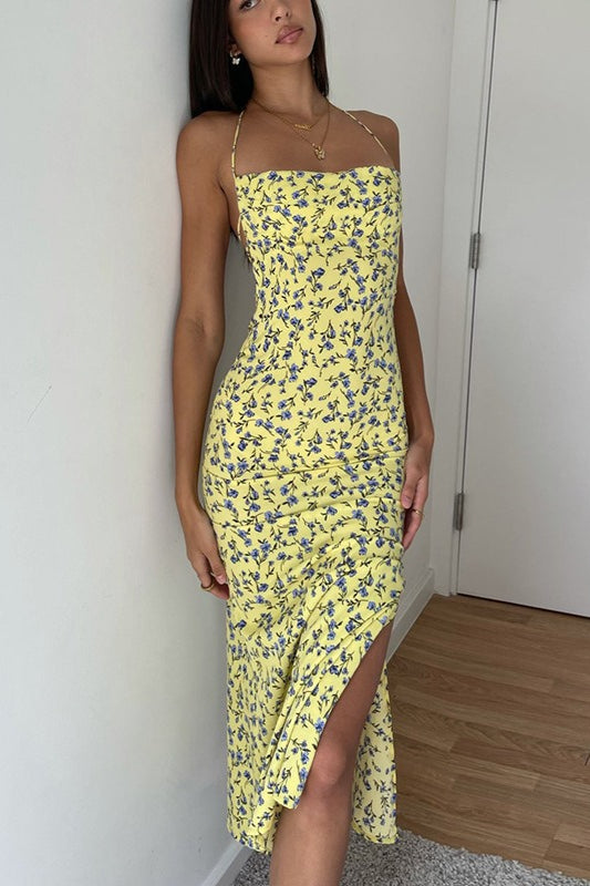 Ditsy Floral Halter Spaghetti Strap Ruched Side Slit Midi Dress