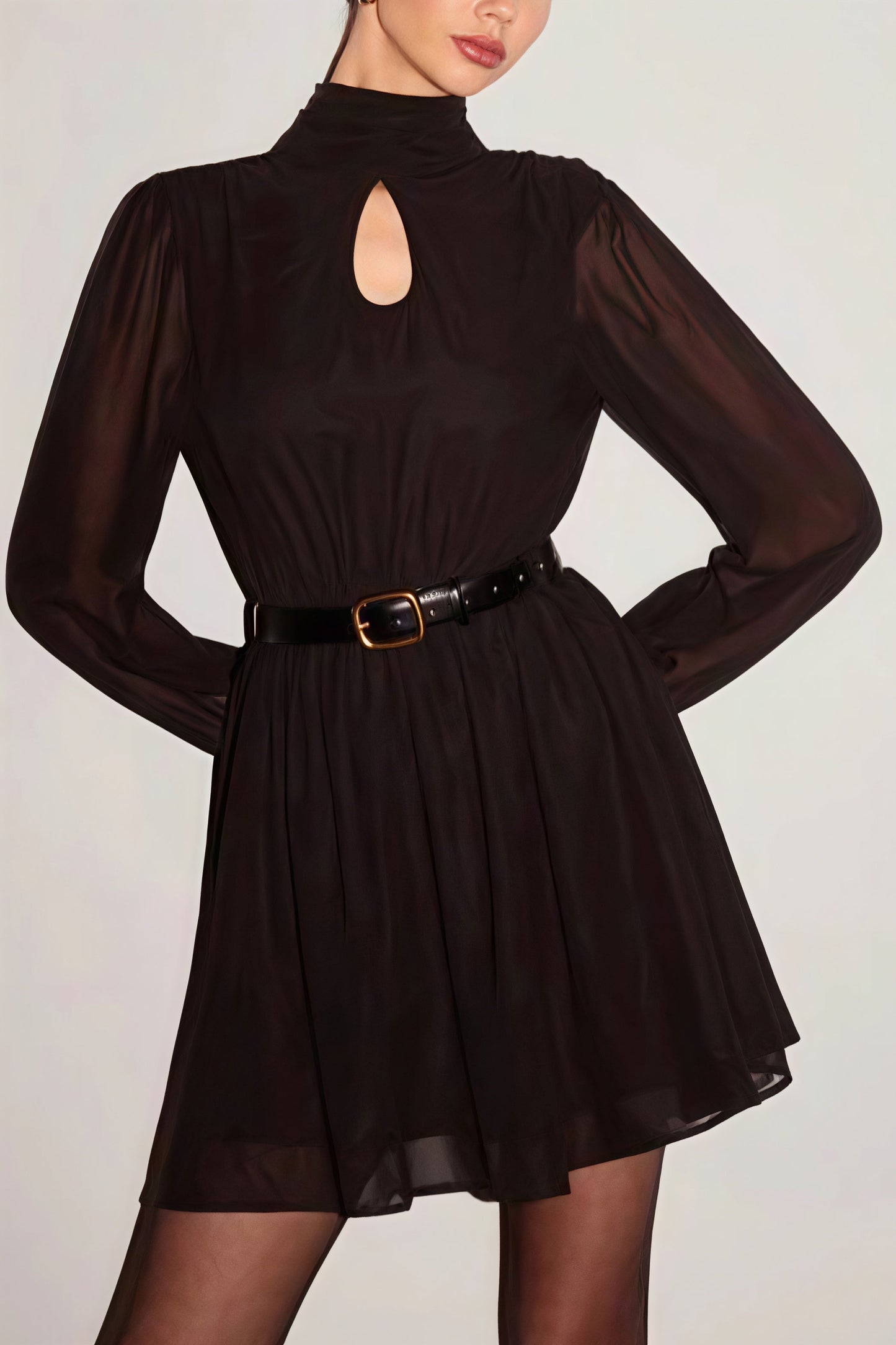 Mock Neck Keyhole Sheer Puff Sleeve Belted Pleated Mini Dress