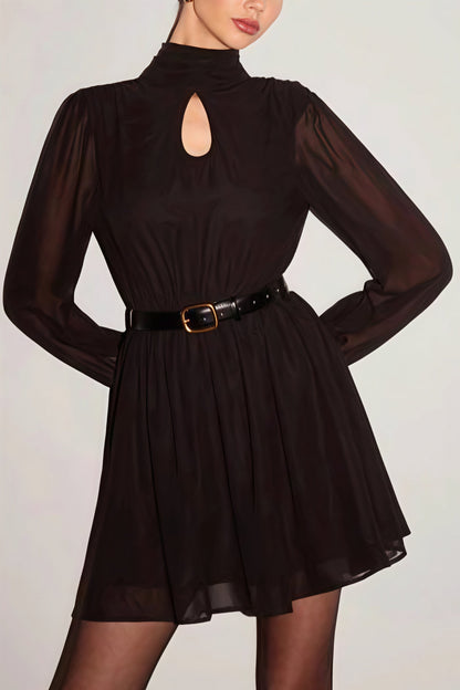 Mock Neck Keyhole Sheer Puff Sleeve Belted Pleated Mini Dress