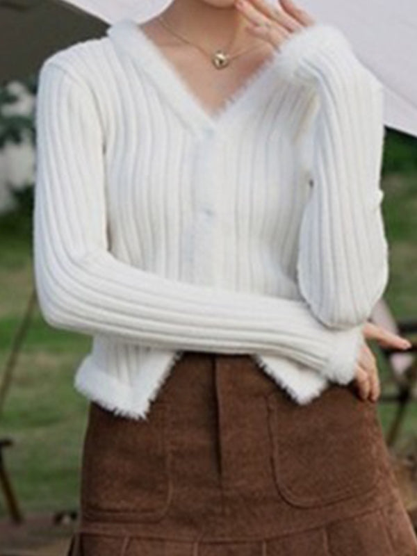 Solid V Neck Fuzzy Trim Slim Ribbed Knit Cardigan