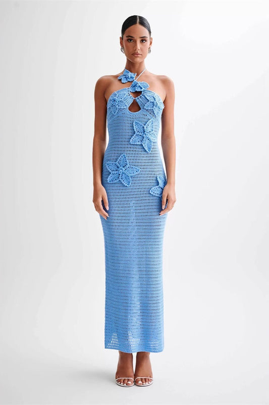 Sexy Cut-Out Halter Appliqué Fitted Bodycon Maxi Sweater Dress