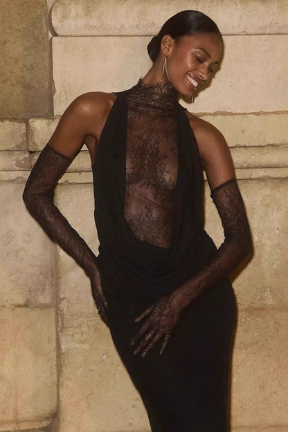 Mock Neck Lace Cowl Overlay Ruched Column Maxi Dress