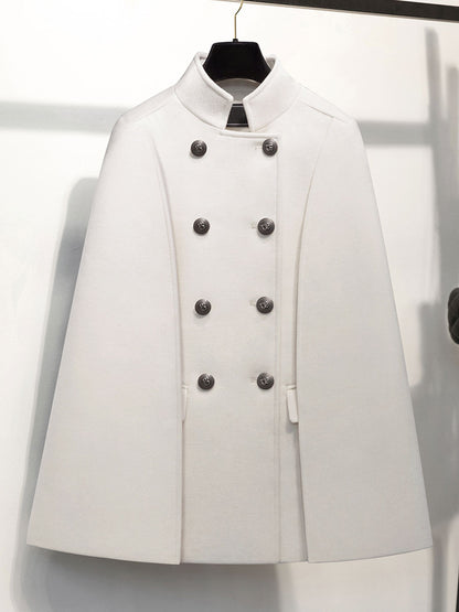 Woolen Poncho Coat Stand Collar Double Breasted Women Cape Outerwear