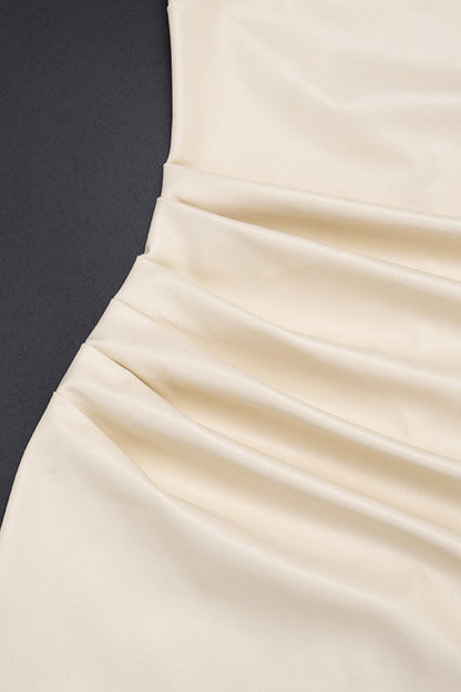 Cowl Neck Sleeveless Faux Leather Ruched Side Gather Bodycon Mini Dress