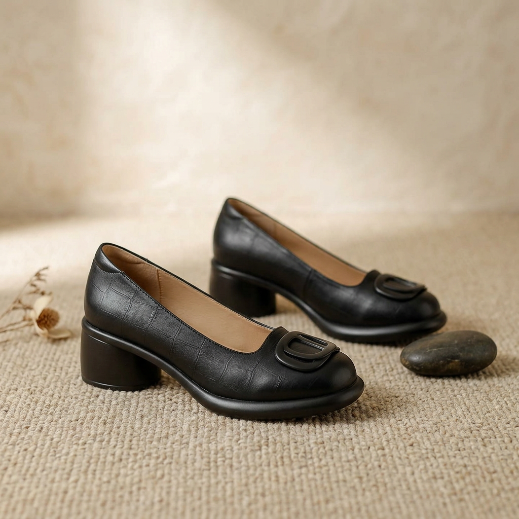 Women's Brown Closed-Toe Leather Shoes With Block Heels – Stylish Comfortable Footwear