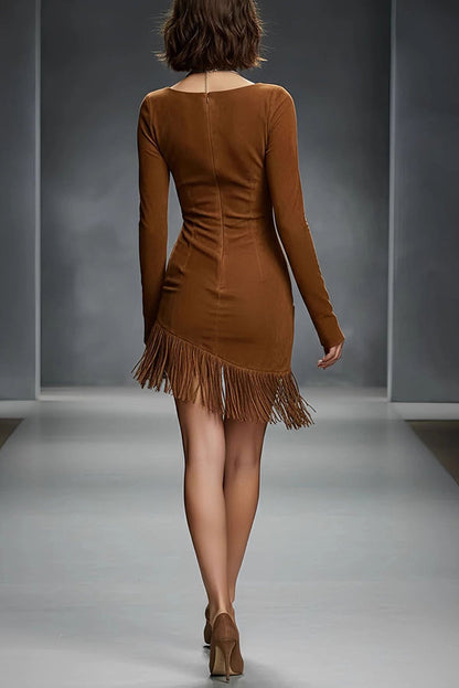 Stylish Suede Round Neck Long Sleeve Slim Fit Tassel Mini Dress
