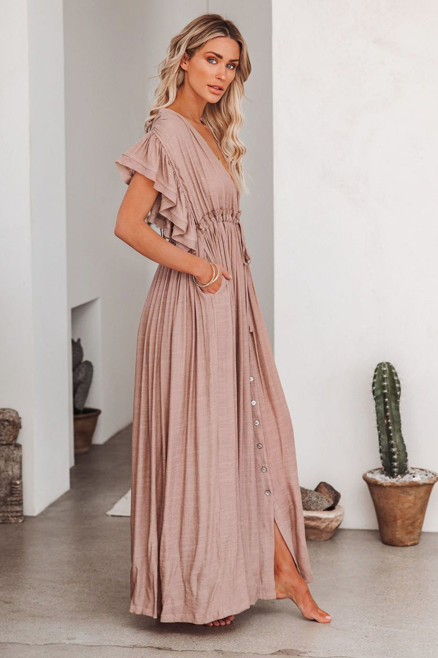 Deep V-Neck Flutter Sleeve Button Front Drawstring Waist Maxi Dress