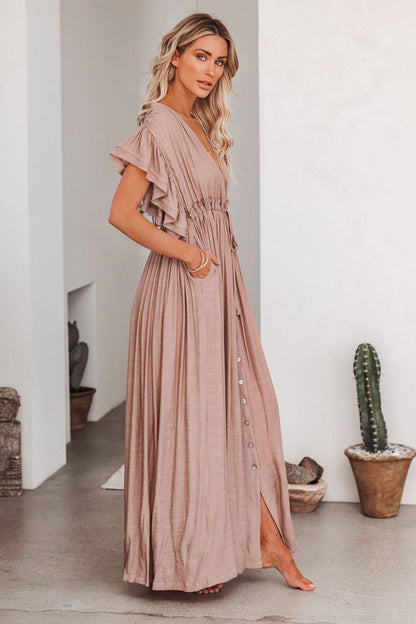 Deep V-Neck Flutter Sleeve Button Front Drawstring Waist Maxi Dress