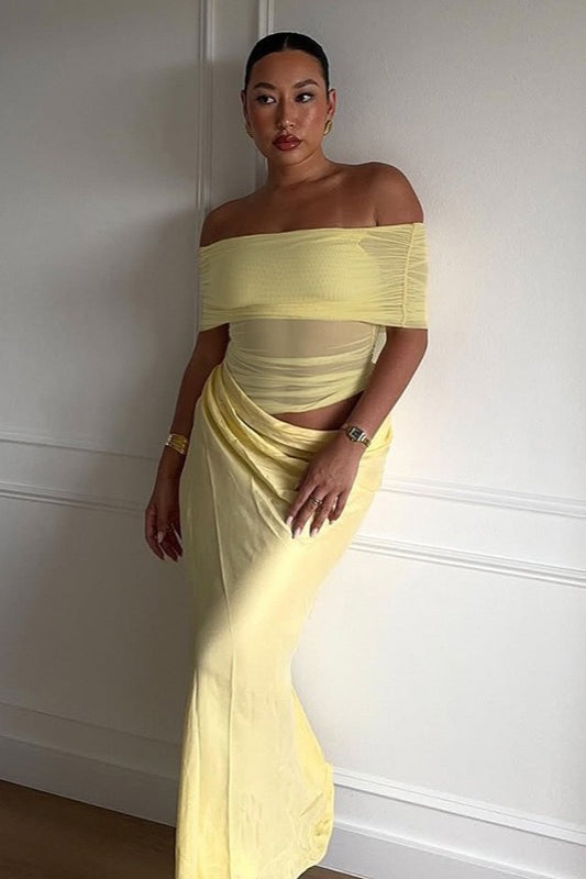 | Off-the-Shoulder Ruched Tulle Maxi Dress