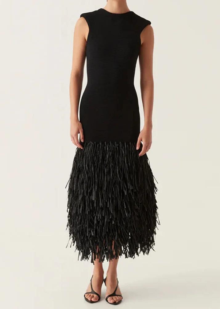 Crew Neck Structured Shoulder Tiered Fringe Hem Bodycon Midi Dress