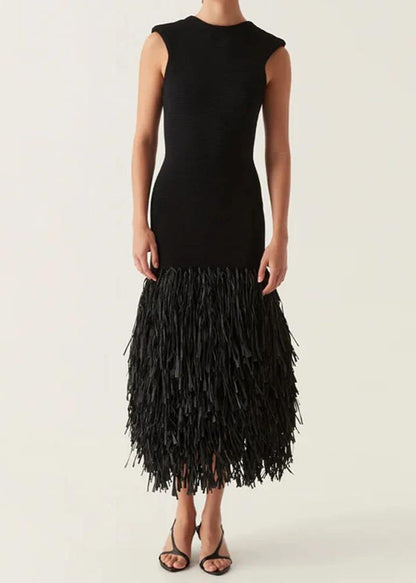 Crew Neck Structured Shoulder Tiered Fringe Hem Bodycon Midi Dress