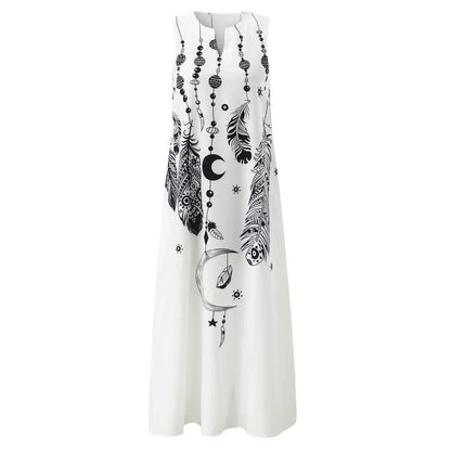 Butterfly Print Notched V-Neck Side Pocket Flowy Maxi Dress