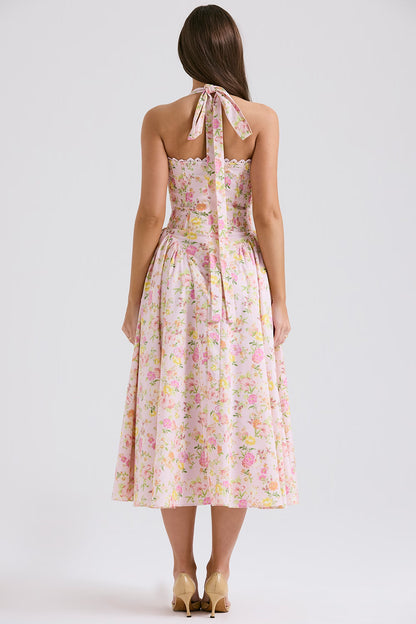 pink meadow print cotton halter midi sundress