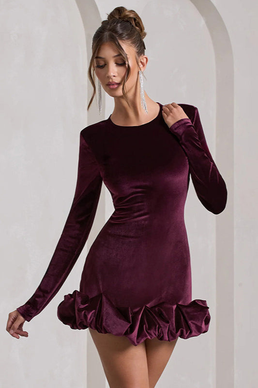 Crew Neck Long Sleeve Ruched Bubble Hem Velvet Mini Dress