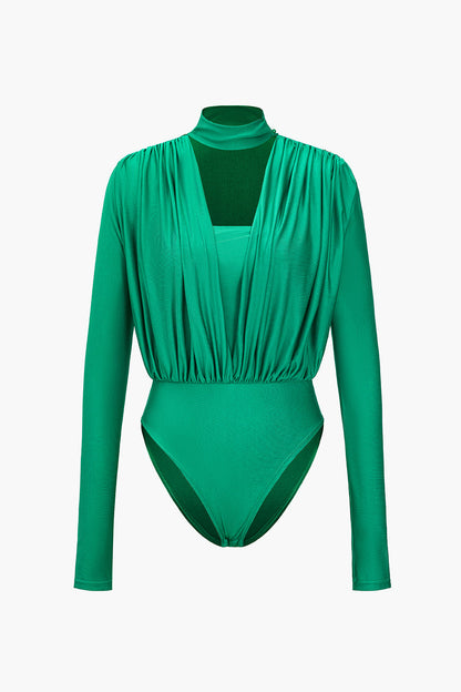 Solid Ruched V-Neck Long Sleeve Bodysuit