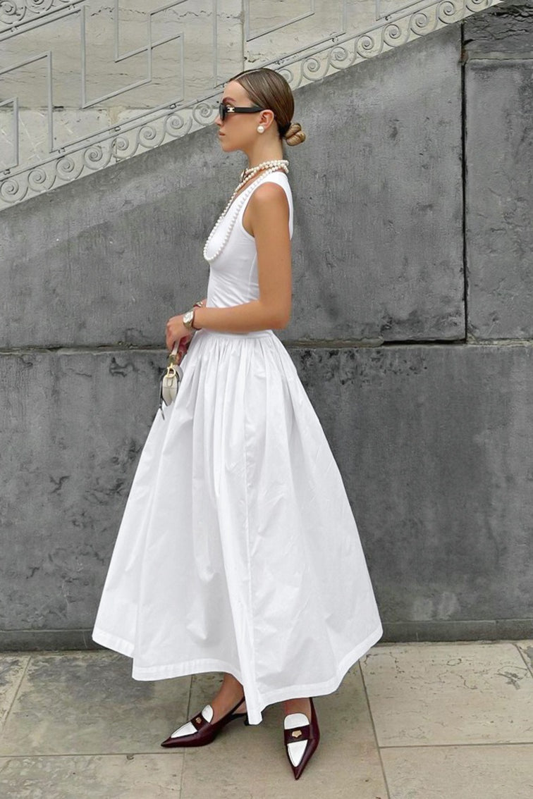 Scoop Neck Sleeveless Fitted Tank Pleated Maxi Skirt Set