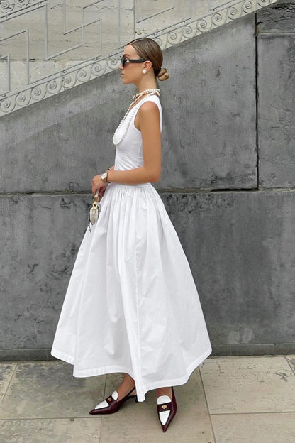 Scoop Neck Sleeveless Fitted Tank Pleated Maxi Skirt Set