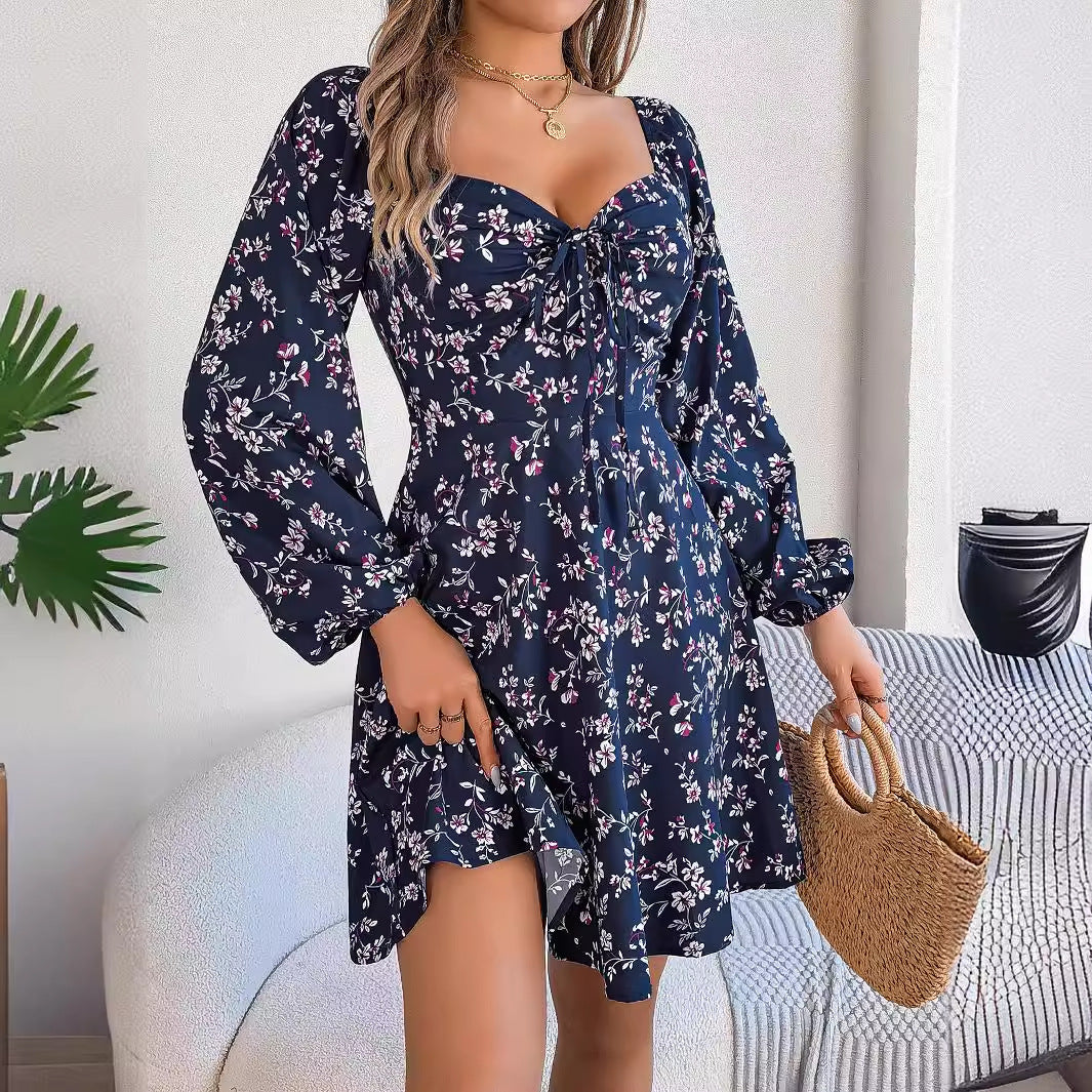 Ditsy Floral Print Sweetheart Tie-Front Balloon Sleeve A-Line Mini Dress