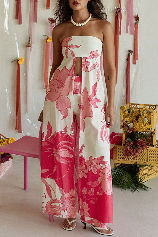 Flora Sunset Linen Blend Printed Front Slit Strapless Midi Top and High Rise Pocket Loose Pants Set