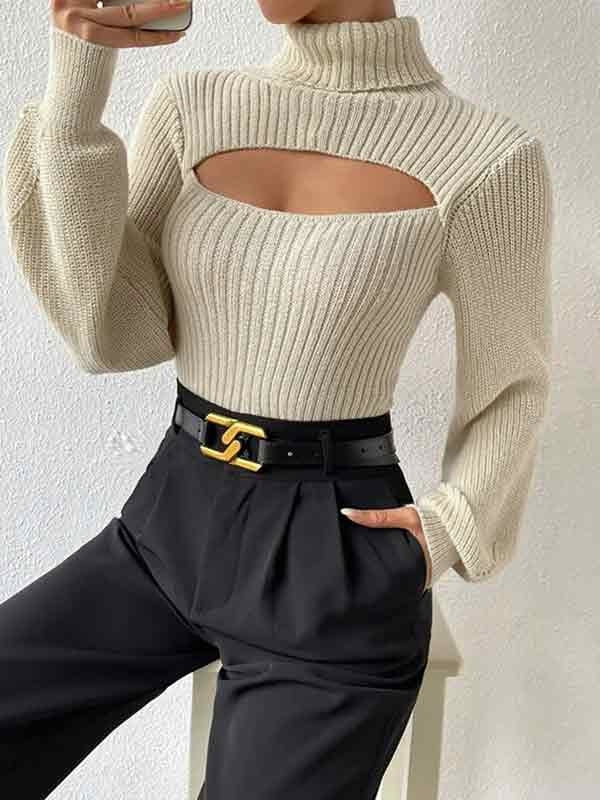 Solid Cutout High Neck Sweater
