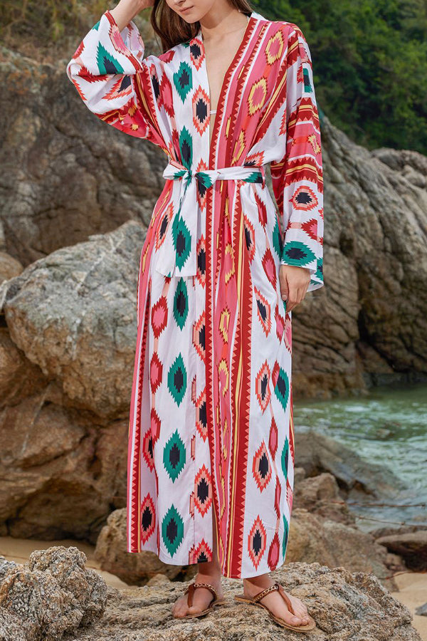 Unique Printed Loose Long-Sleeved Tie-Waist Holiday Extra-Long Cover-Up Robe