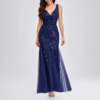 Long Ball Gowns for Women Sparkly Formal Chiffon Sequin Dress V Neck Prom Maxi Dress Bodycon Mermaid Evening Gowns