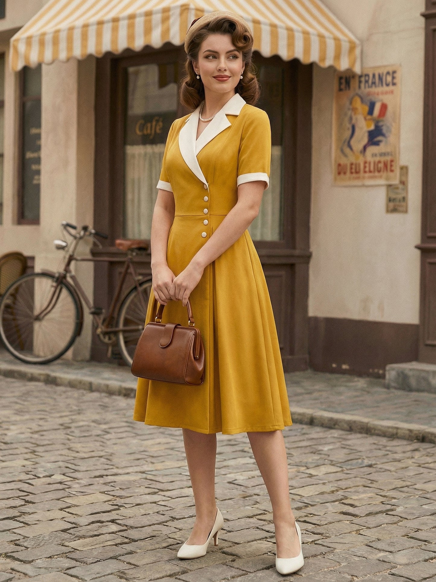 Retro Lapel Side Button Slim Fit Flare A Line Elegant Midi Dress For Women 2026