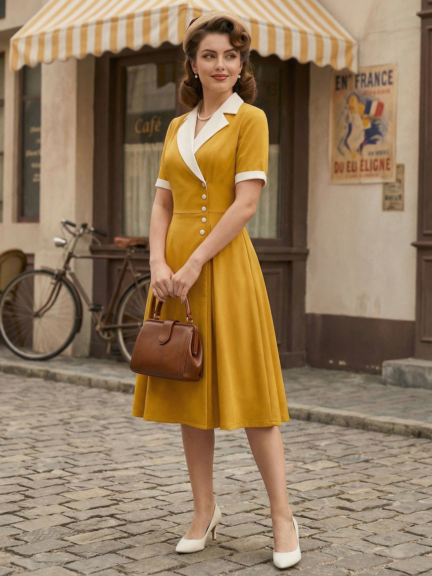 Retro Lapel Side Button Slim Fit Flare A Line Elegant Midi Dress For Women 2026