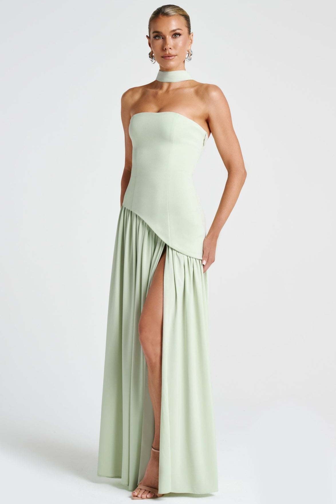 Solid Bustier High Slit Formal Dress