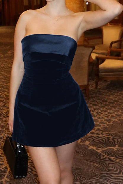Strapless Satin Bust Band Velvet A-Line Mini Dress
