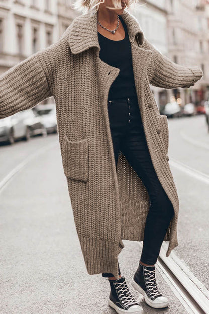Chunky and Warm Knit Button Pocketed Oversized Midi Cardigan
