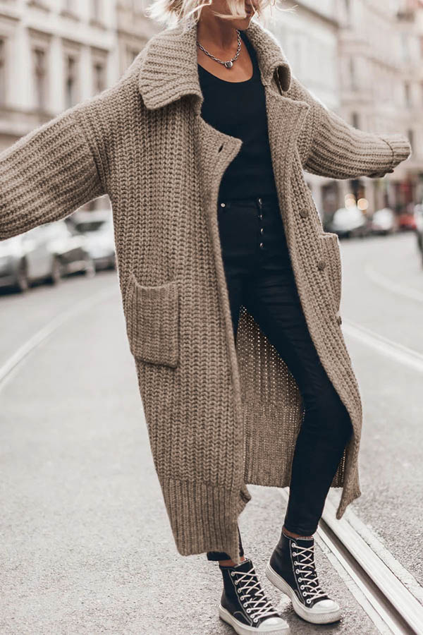 Chunky and Warm Knit Button Pocketed Oversized Midi Cardigan