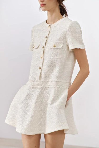 Metal Button Short Sleeve Round Neck Tweed Fit-and-Flare Mini Dress