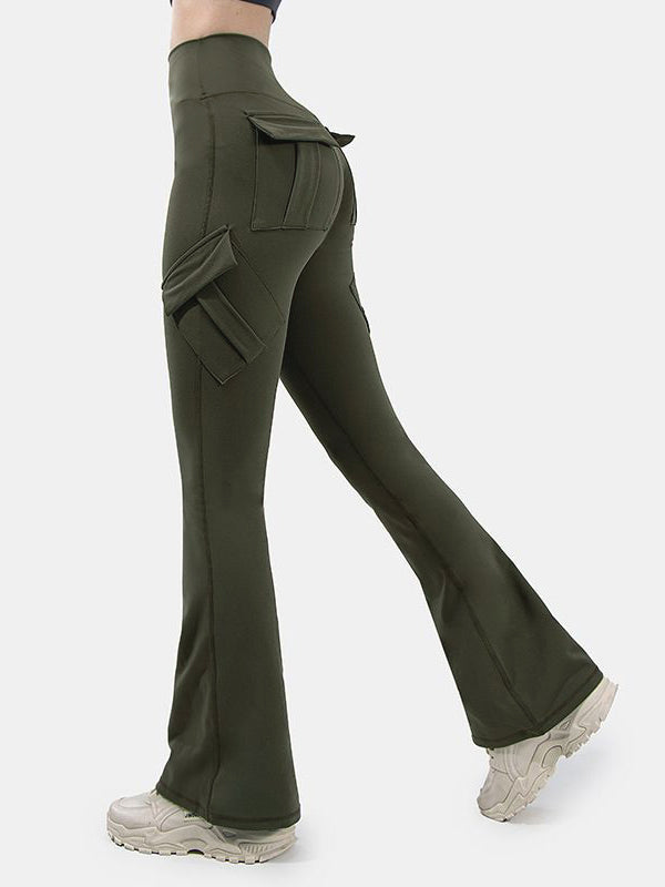 Solid Multi Pocket High Rise Flare Leg Pants