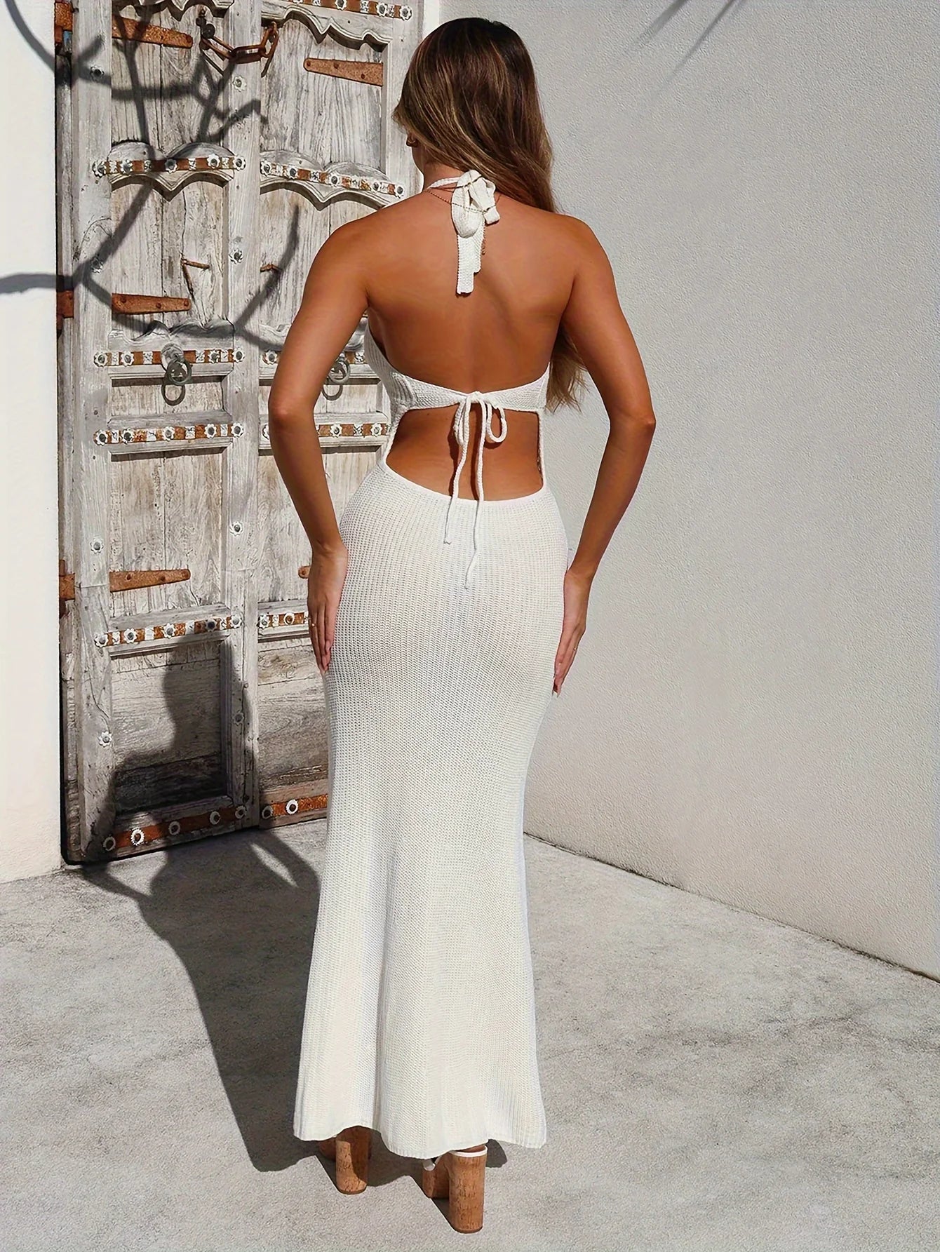 Halter Deep V Neck Tie Front Crochet Waist Panel Rib Knit Maxi Dress