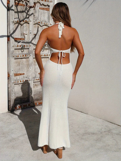 Halter Deep V Neck Tie Front Crochet Waist Panel Rib Knit Maxi Dress