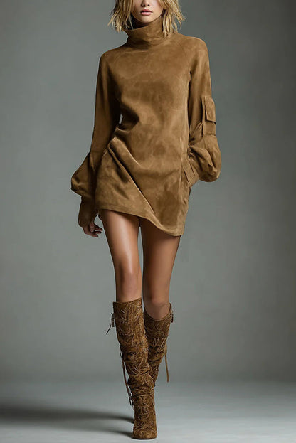 Stylish Suede High-Neck Long-Sleeved Casual Pocket Mini Dress