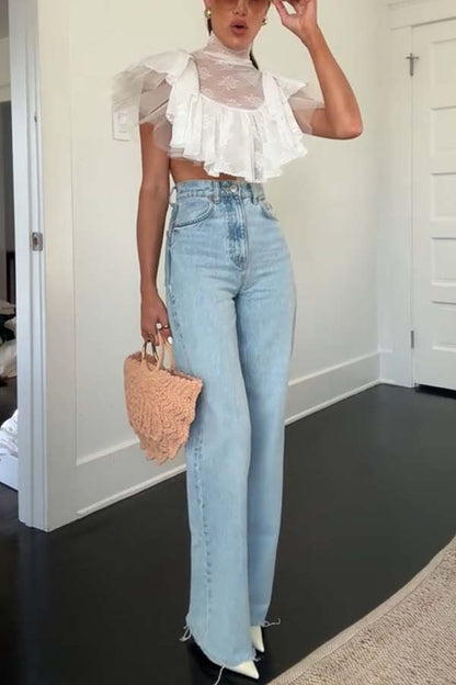 Kathlyn Lace Layered Tulle High Neck Ruffle Cropped Top