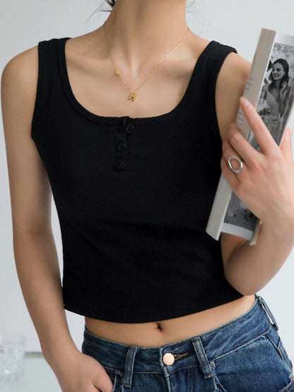 Plain Crewneck Buttoned Slim Tank Top
