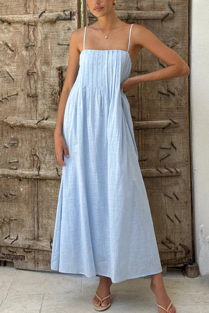 Solid Color Pleated Square Neck Suspender Casual Midi Dress