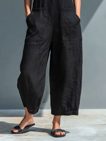 Sleeveless Minimalist Linen Blend Jumpsuit for Women with High Collar and Buttons