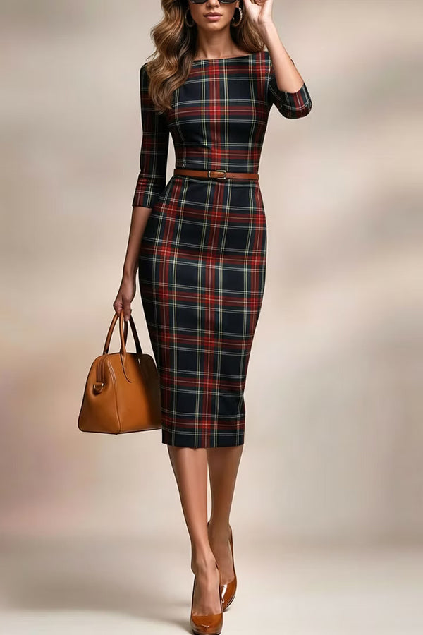 Plaid Print Half Sleeves Fitted Elegant Midi Dress