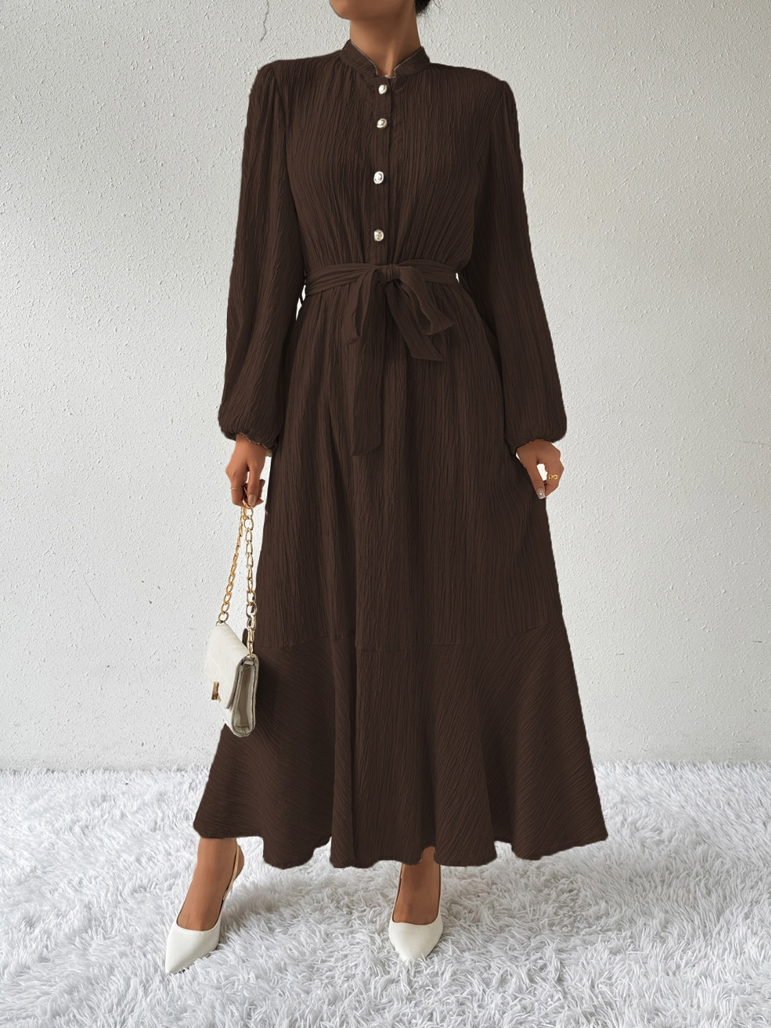 Textured Mandarin Collar Bishop Sleeve Tie Belt Tiered Maxi Dress