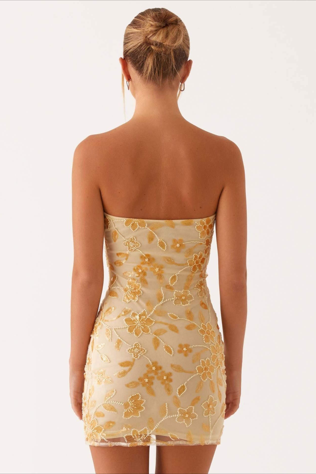 Strapless Floral Embroidered Sequin Mesh Ruched Bodycon Mini Dress