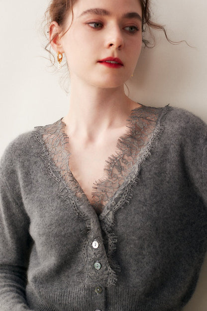Cashmere Lace-Trimmed V-Neck Knit Cardigan
