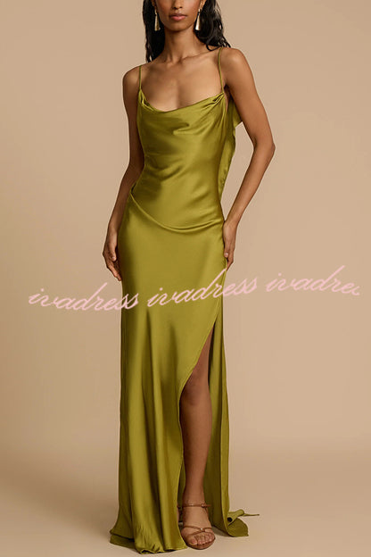 Evening Date Satin Cowl Neck Drape Ruffle Backless Bias Cut Party Maxi Dress
